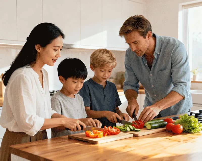 Father and children preparing healthy food together in kitchen